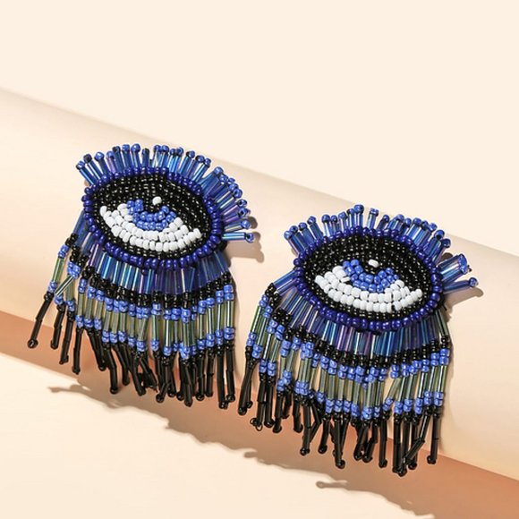 Hand beaded blue eye fringe earrings‎ Boho Funky Cute Party Festival Vacation - Picture 2 of 3